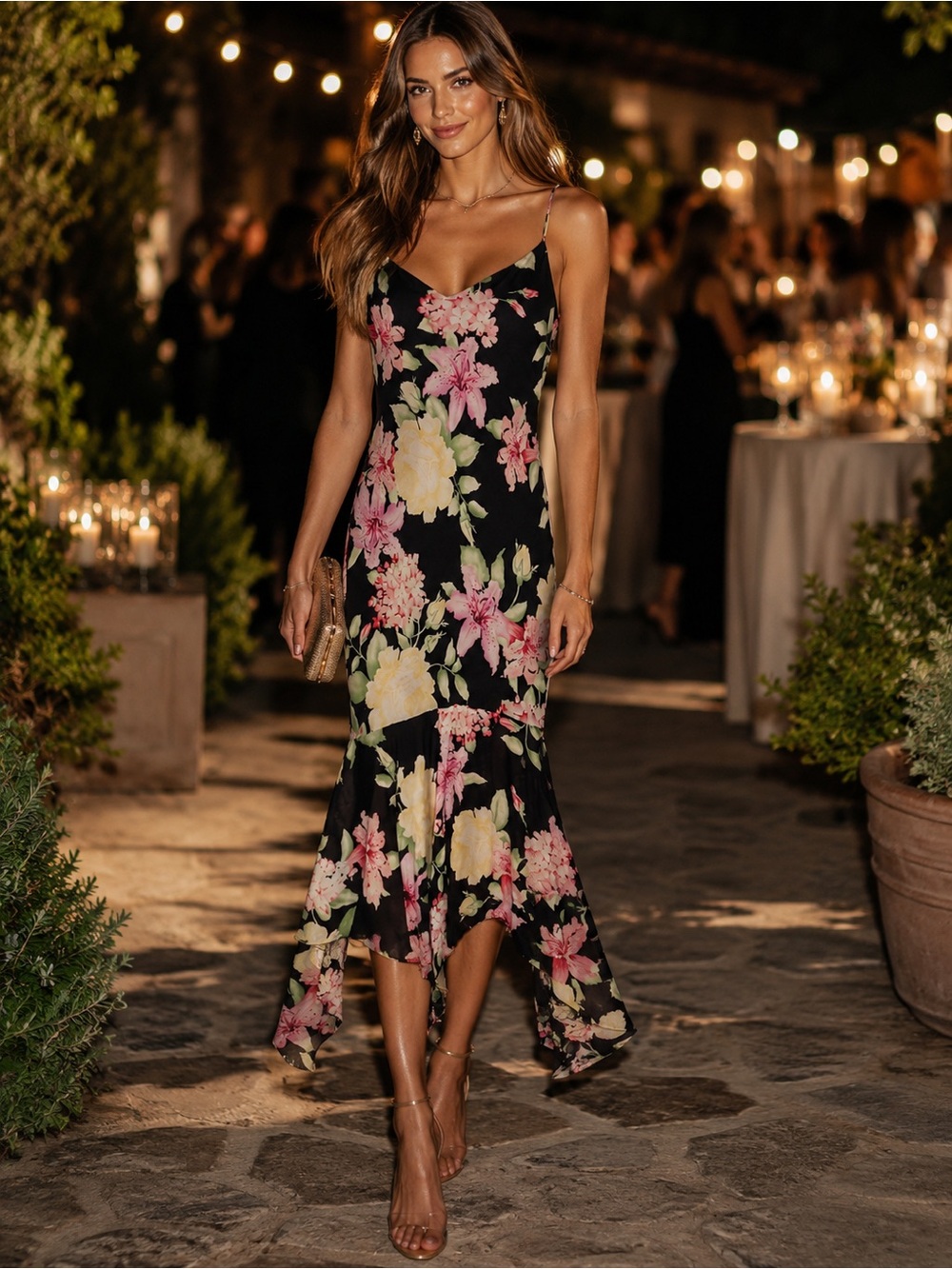 Y2K Lauren Ralph Lauren Bias Cut Silk Dress with Floral Print & Ruffles